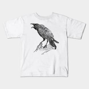 Raven scientific nature black ink pen drawing illustration Kids T-Shirt